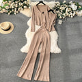 Premium women's spring  outfit set: metallic buckle vest, versatile knit cardigan, and wide-leg pants - a stylish three-piece ensemble