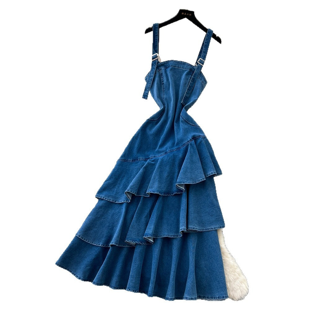 Korean style denim cami cake dress for women,  summer ruffle asymmetrical mermaid skirt, slimming and elegant