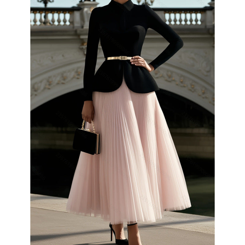 Women's spring/autumn new french elegant pleated mesh maxi skirt - perfect for dates, work, or outings