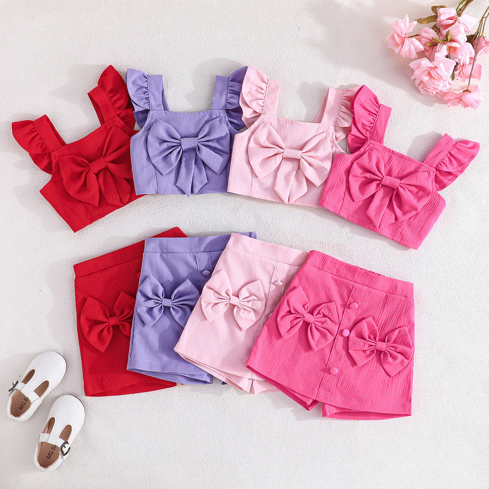 european and american cross-border ins hot-selling fashion flutter sleeve top with bow + bowknot skirt set
