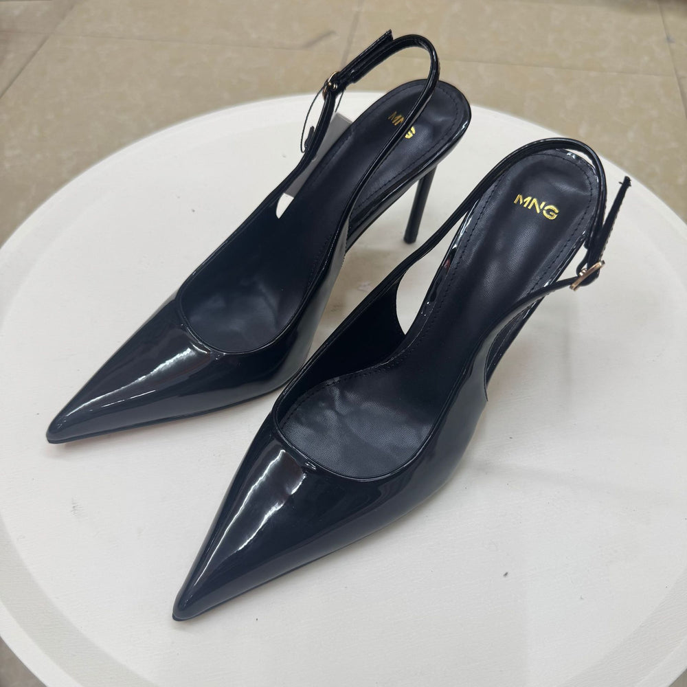 Spanish mng mango 2026 summer new pointed-toe patent leather sexy buckle closed-toe stiletto heel sandals for women