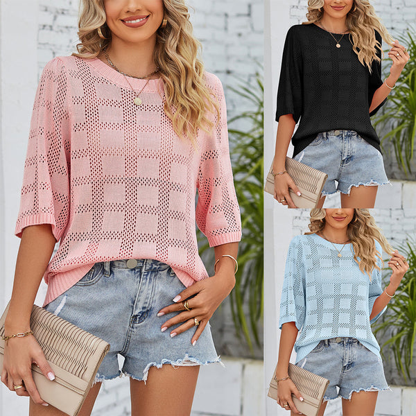 2024 summer new  European and American women's clothing  women's round neck hollow sunscreen knitted sweater blouse