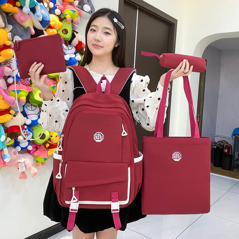 New casual middle school student schoolbag trendy brand large-capacity solid color backpack four-piece high-value backpack men