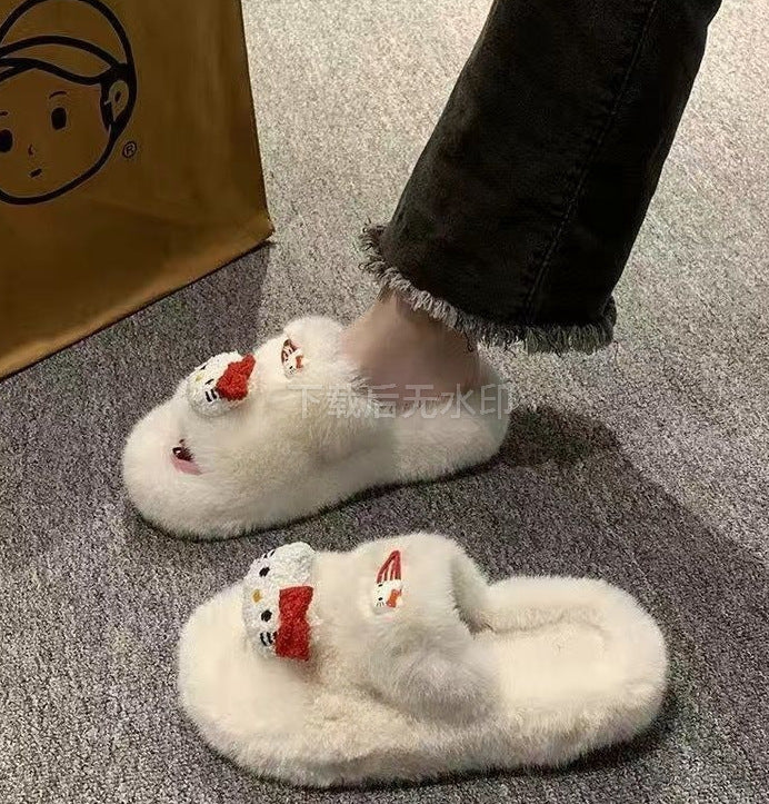 Thick sole furry slippers non-slip cartoon cute kitten outwearstuffed velvet cotton shoes for women autumn winternew arrivaleasiest for match