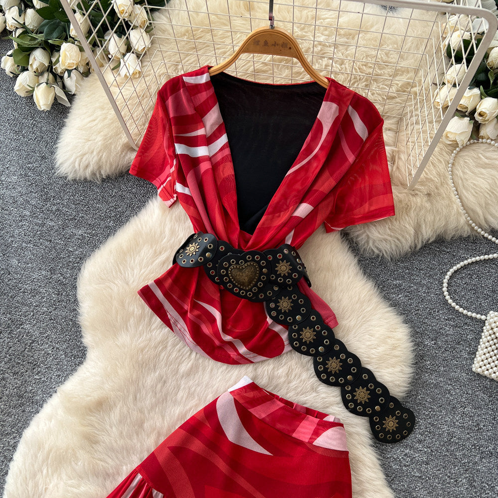 Pure desire wind red printingelegant age reduction two-piece set women's summer slim slimming look vacation style suit outfit
