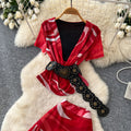 Pure desire wind red printingelegant age reduction two-piece set women's summer slim slimming look vacation style suit outfit