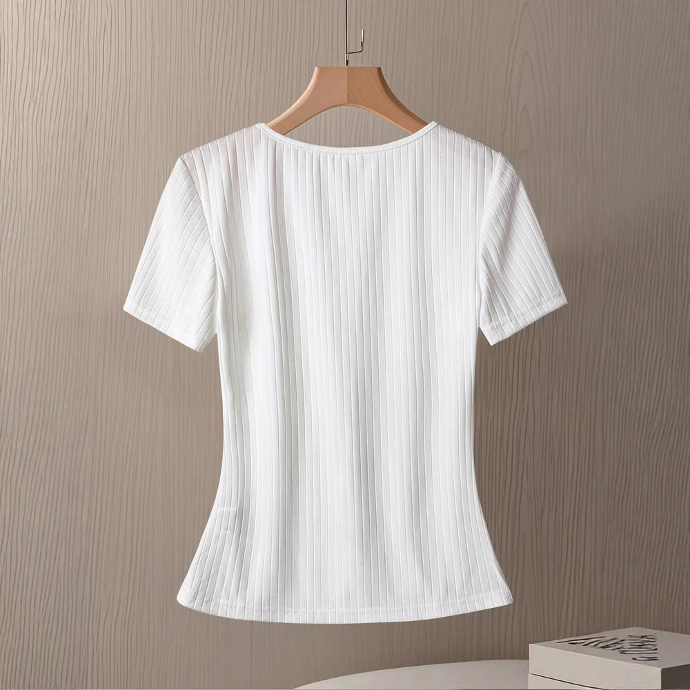 european and american cross-border e-commerce new v-neck knitted short-sleeve shirt solid color loose-fit base layer summer top