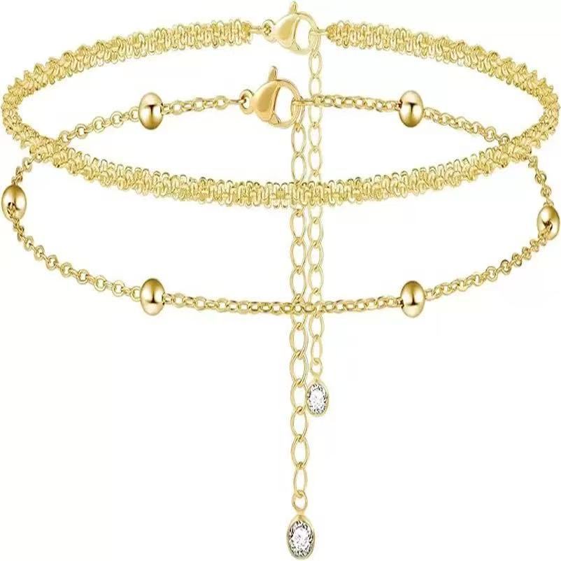 Gold double-layer/three-layer stackable beaded chain bracelet - trendy & versatile women's fashion jewelry - wholesale for cross-border e-commerce