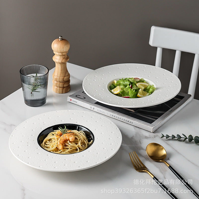 10.5inch straw hat plate western style soup bowl restaurant western food salad pasta plate creative white dot wide rim plate