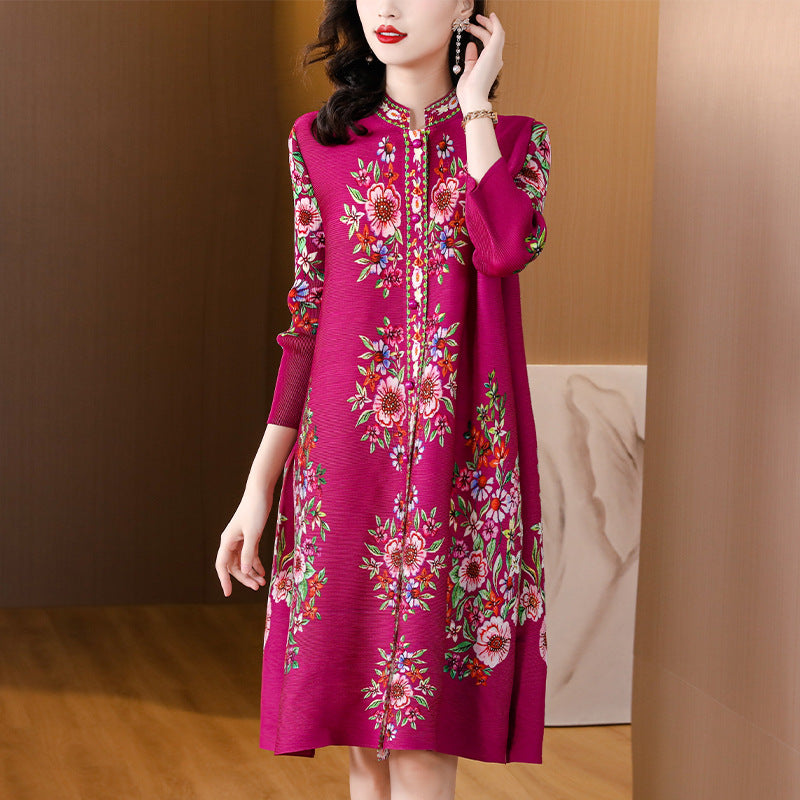miya pleated autumnew arrivalplus size wide wife looseretroprinting high collar pleated a-line dress
