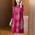 miya pleated autumnew arrivalplus size wide wife looseretroprinting high collar pleated a-line dress
