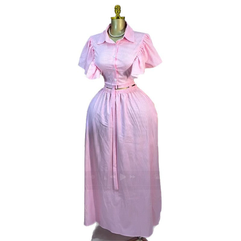 European and american women's clothing  autumn new collection: sweet and fresh turn-down collar flared sleeve blouse with high-waisted slimming midi skirt two-piece set