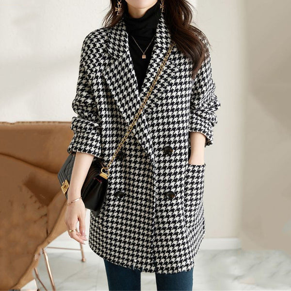 Foreign trade women's clothing 2025 autumn and winter new retro plaid blazer double-breasted thousand bird plaid woolen coat women