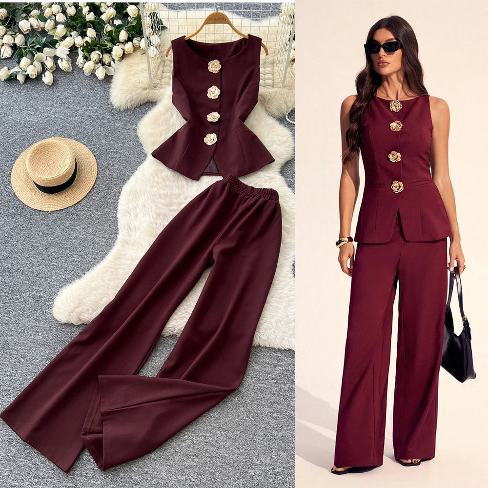 European and american cross-border fashion design: 3d floral patchwork tank top + high-waisted slimming wide-leg pants spring/summer set