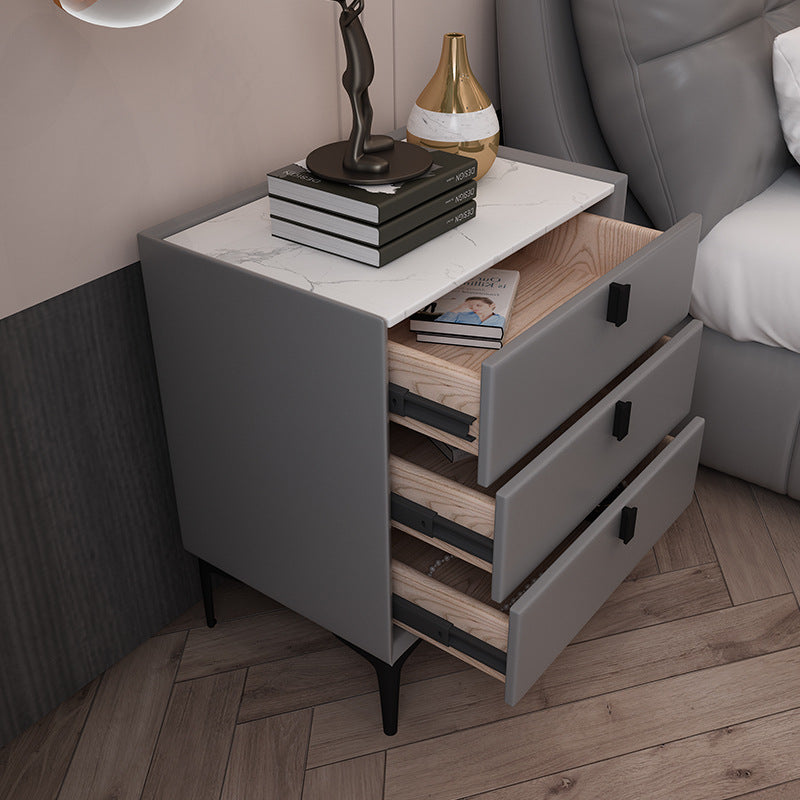 Ready-to-ship, modern, minimalist faux leather bedside table with three drawers, italian-style high-end, popular bedroom solid wood nightstand