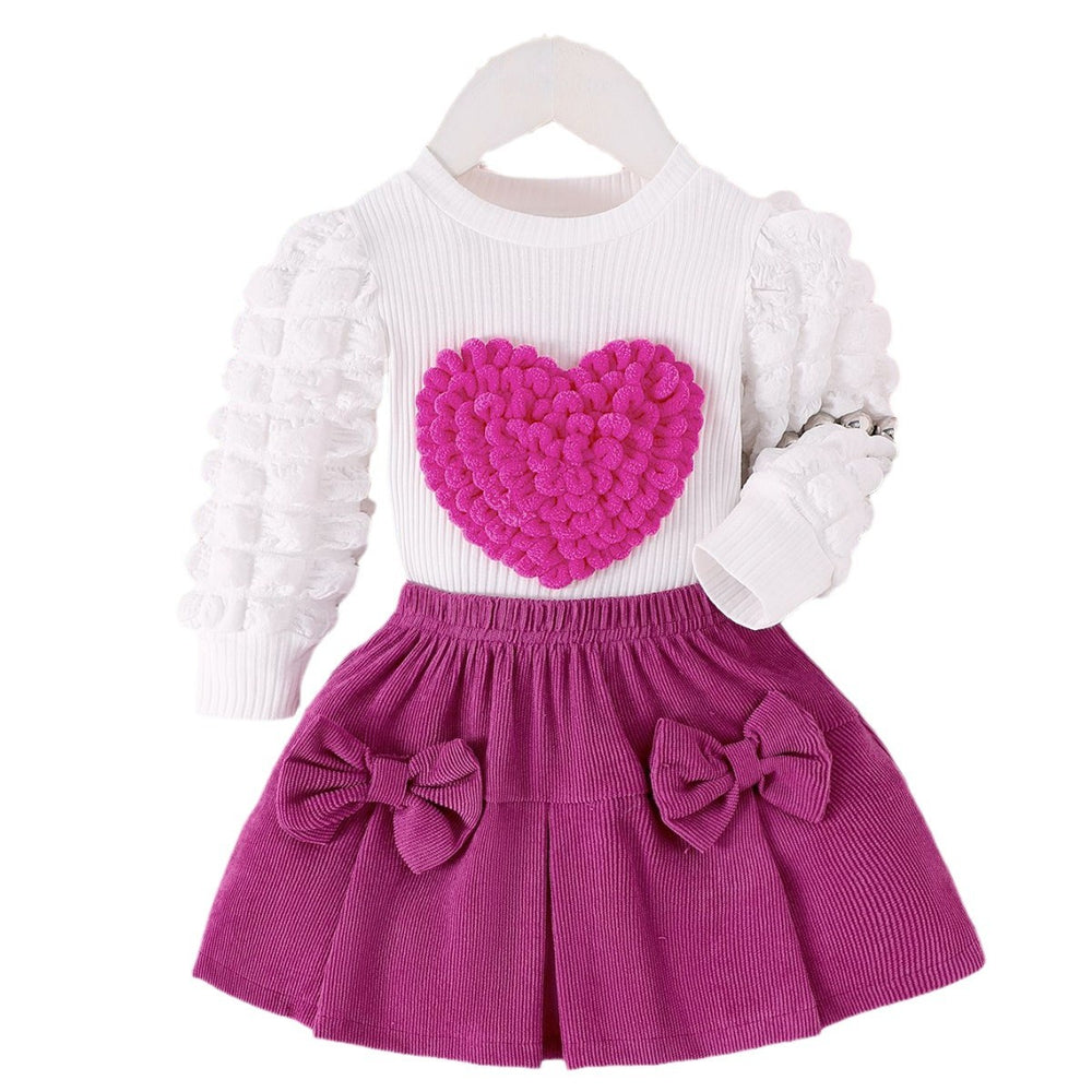 Children's clothing new arrival puff sleeve heart chapter tops+rose red bows skirt set