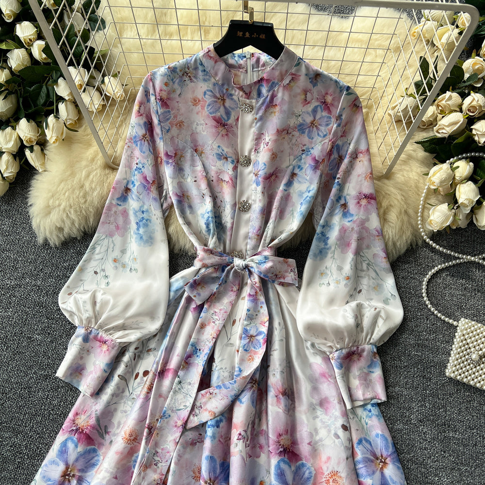 Palace retrofrenchclassydress women's long waist strap stand collar lantern long sleeves printingdress