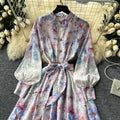 Palace retrofrenchclassydress women's long waist strap stand collar lantern long sleeves printingdress