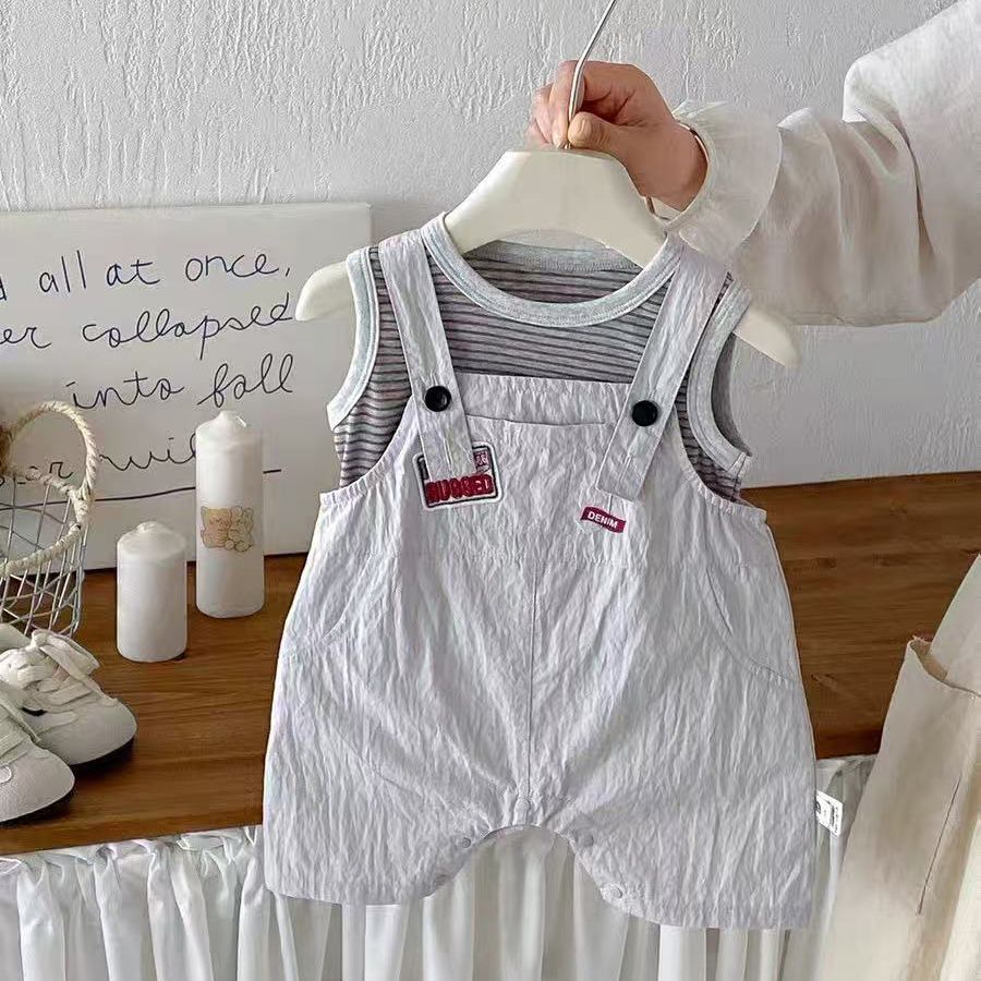 Summer new baby stylish overalls boys' summer outfit two-piece set kids' summer striped tank top clothes