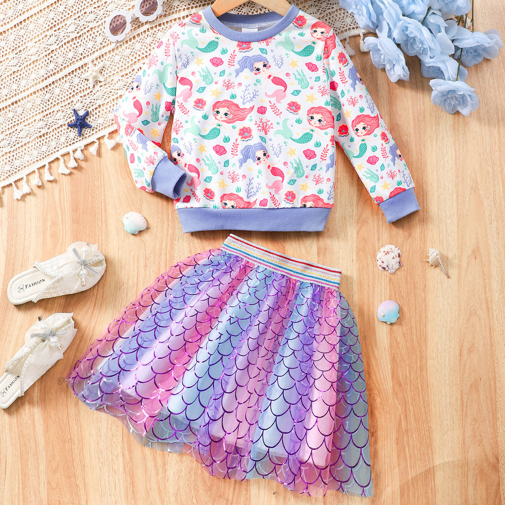 Children's long sleeves round neck sweatshirt + mesh skirt suit