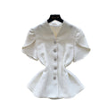 French style v-neck short-sleeve blouse with rhinestone embellishments - women's commute-friendly, loose-fit, single-breasted, waist-defining, slimming, and elegant top