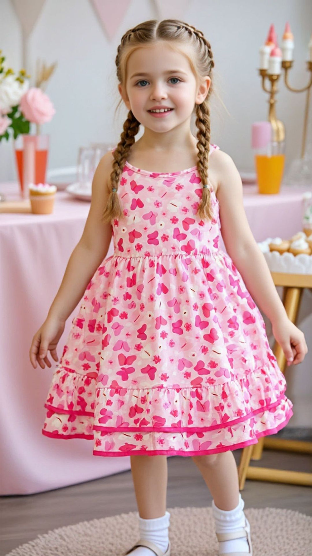 Kids' strawberry ice cream digital print cami dress with double-layered hem