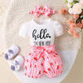 Children's clothingletterprinting short-sleeved khaki + printing pattern shortssuit headband three pieces