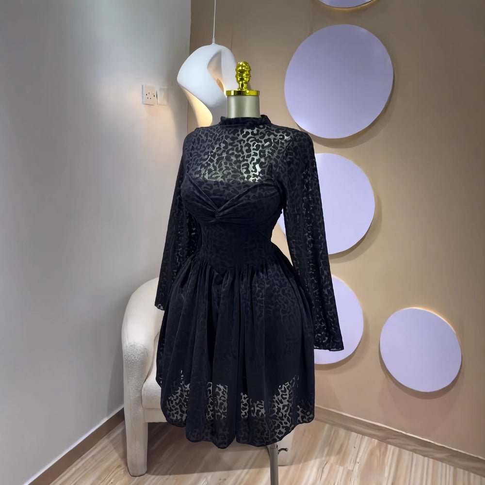European and american cross-border women's fashion:  spring new arrival - solid color long sleeve stand collar sheer waist ruched mini dress