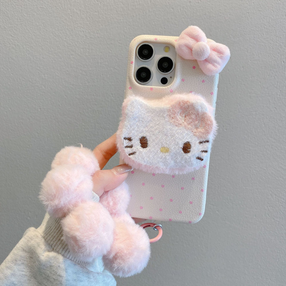 Leather texture apple 16 pro polka dot plush kt phone case iphone 13/15 anti-fall soft shell protective cover