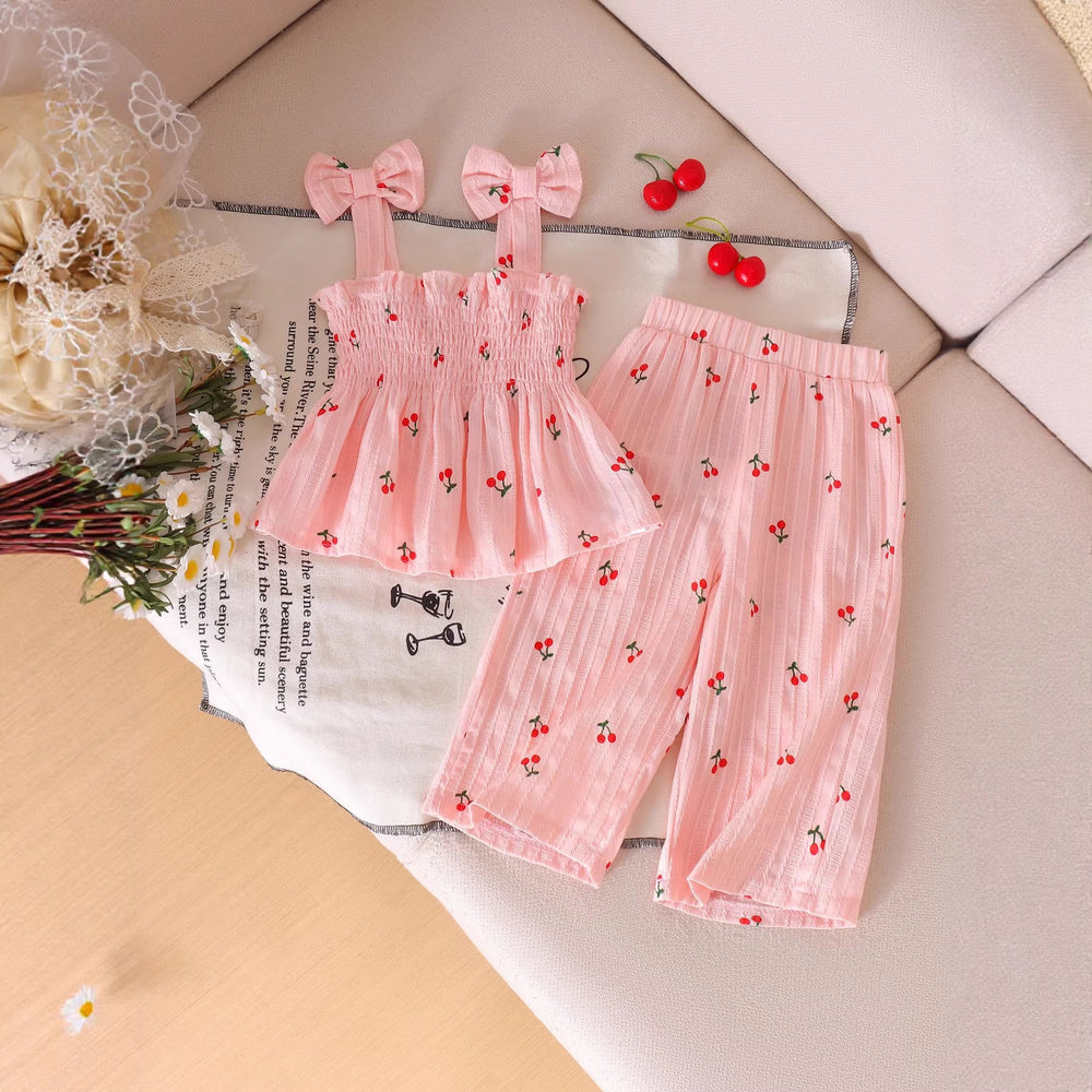 Girls' summer casual outfit: ruched waist cami top & daisy print pants - fresh & stylish summer wear for kids