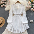 Spring lace cut out waist doll princess dress women's long sleeves whitedress women's niche style vacation style fairy dress