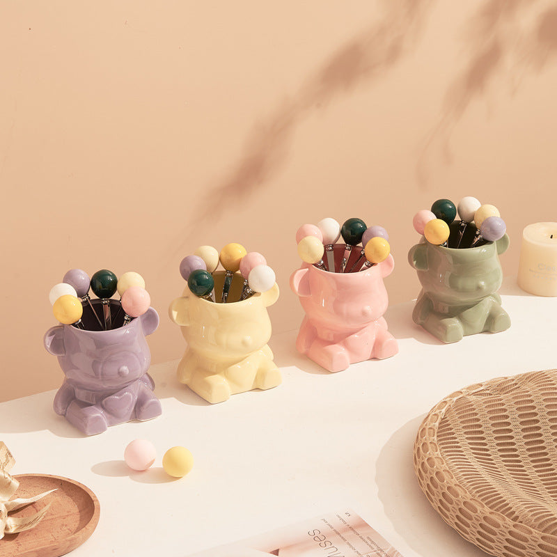 New arrival cream style ceramic bear hanging fruit fork jar suit high-looking home goods afternoon tea fruit fork spoon
