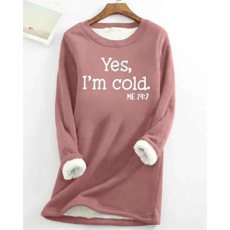 fall/winter new arrival: european and american style crew neck long sleeve fleece-lined base layer mid-length letter print sweatshirt for women