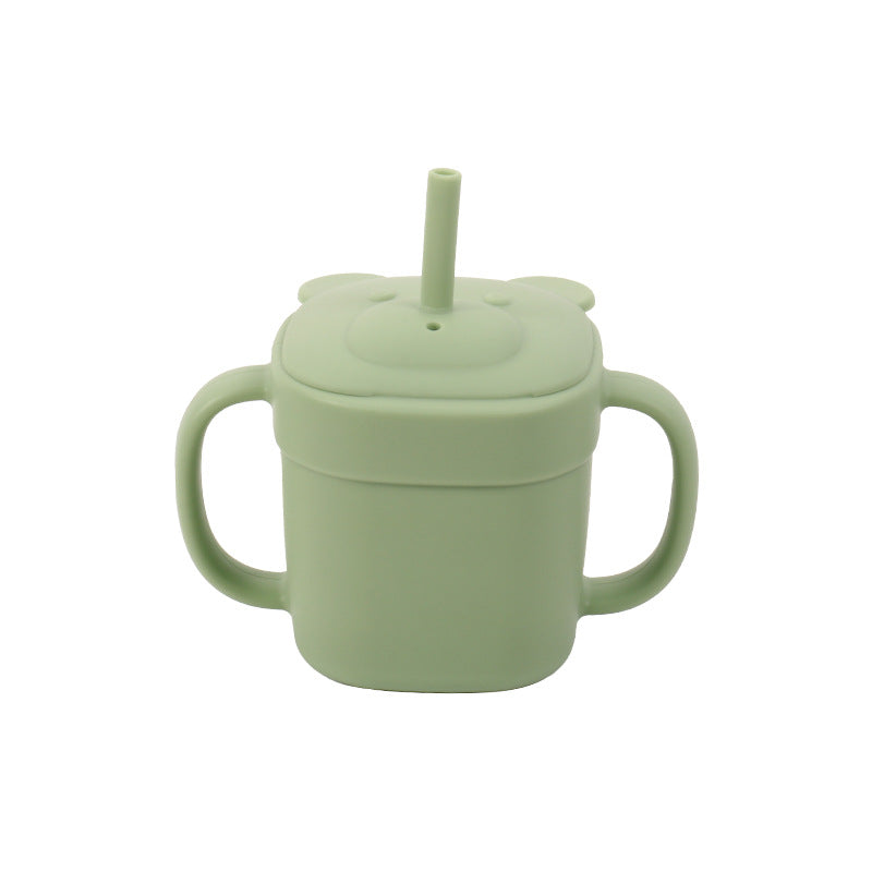 Children's silicone straw cup Baby bear baby drinking milk drinking cup Double handle anti-drop silicone feeding tableware