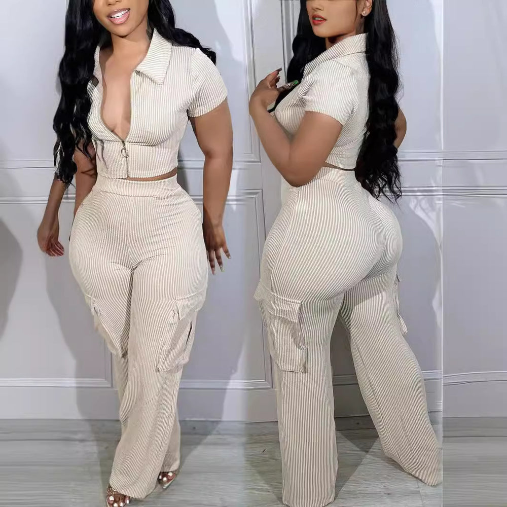 Zipper top & multi-pocket pants casual solid color two-piece set - autumn european & american fashion - new arrival for  & independent e-commerce stores