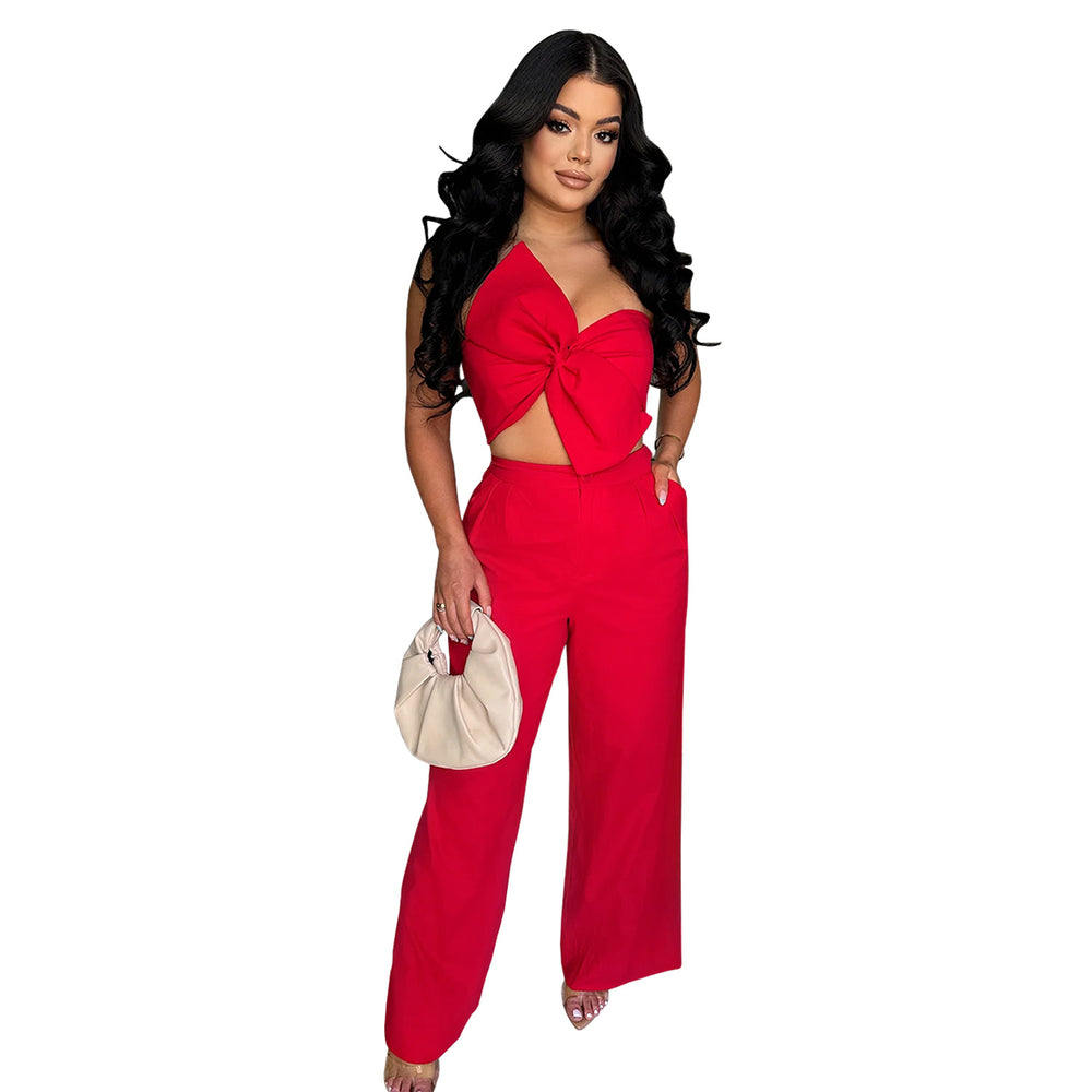 C7375 cross-border   fashion women's sexy bow casual pants two-piece set new