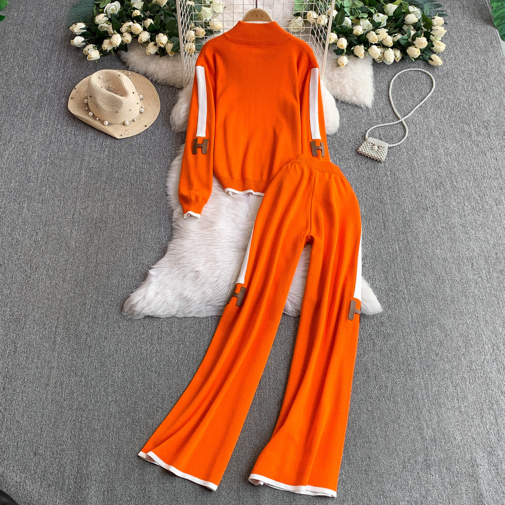 Fashionable activewear set: casual zip-up stand collar long sleeve knit jacket + high-waisted slimming wide-leg pants with double stripes
