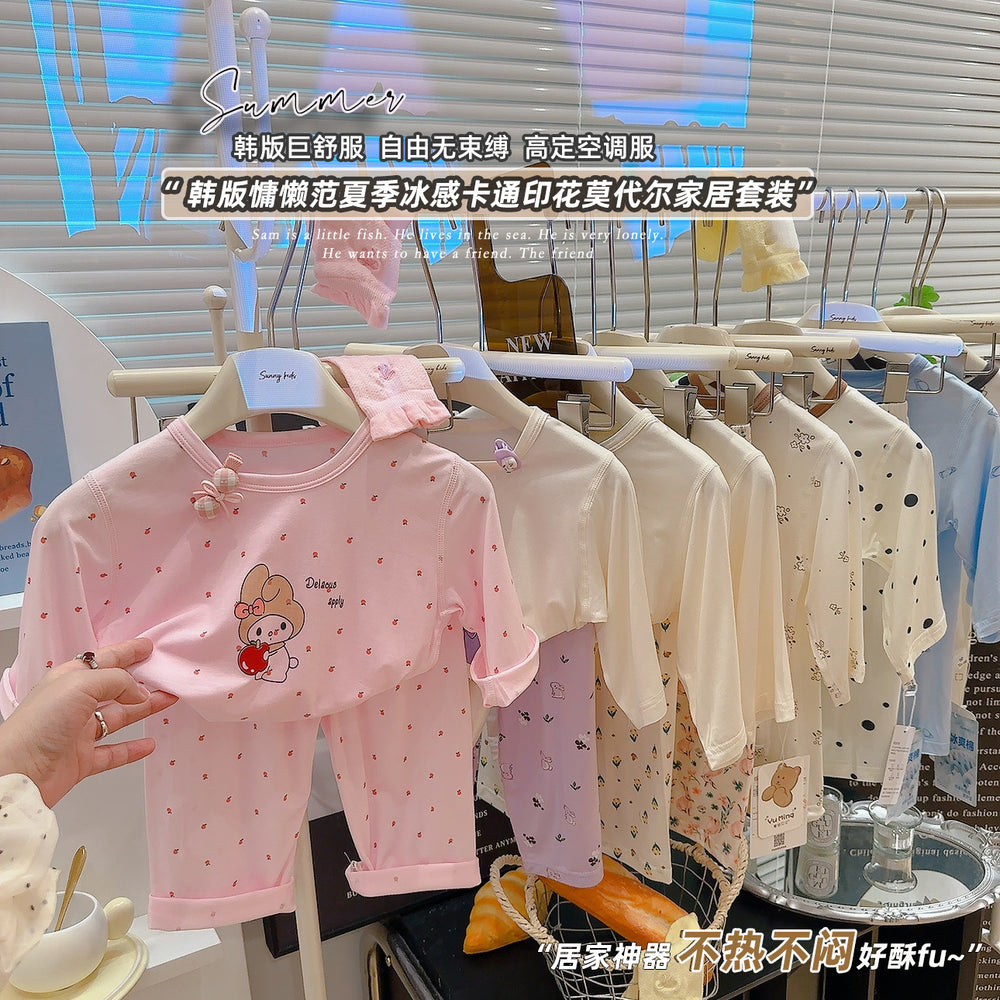 a type kids home clothes for boys and girls cartoon thin pajamas modal air-conditioning clothes openable short sleeves