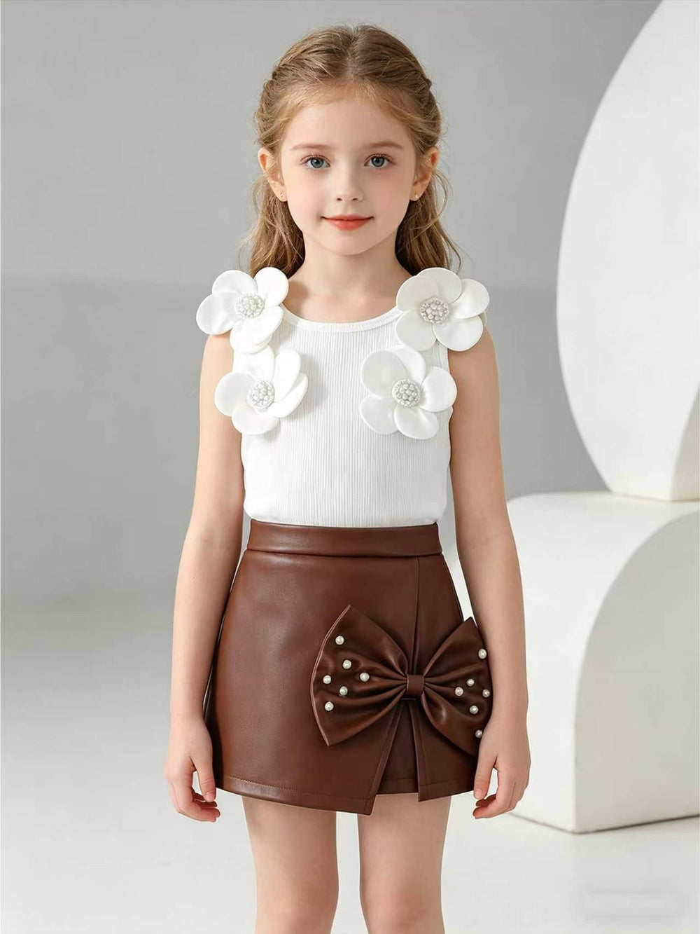cross-border girls' fashion: european & american style floral solid top + irregular bowknot beaded leather skirt
