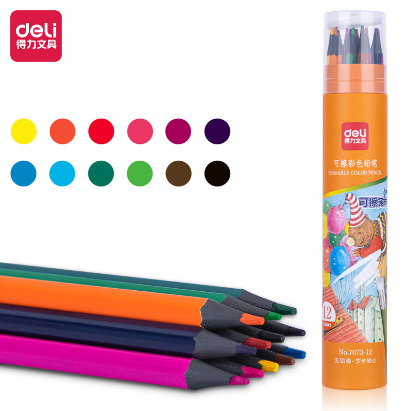 Deli 7073 Color Pencil Oil Erasable Color Pen Painting Pen Hexagonal Rod Eraser Head Color Pencil Painting Pen