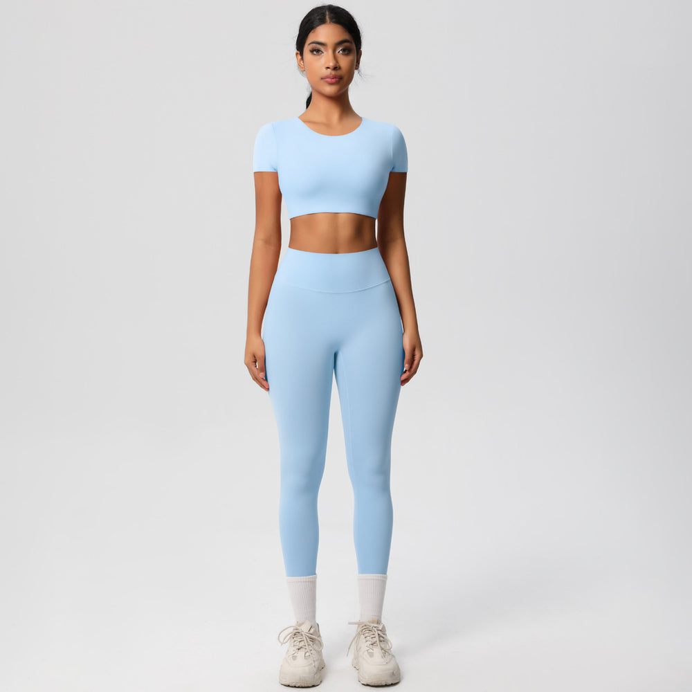 European and american nude feel compression quick-dry short sleeve yoga set outdoor casual training fitness apparel running sports set for women
