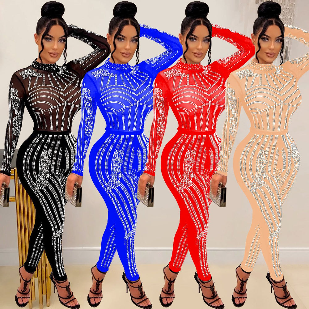 C6247 cross-border   fashion women's solid color mesh rhinestone long sleeve pants jumpsuit