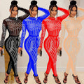 C6247 cross-border   fashion women's solid color mesh rhinestone long sleeve pants jumpsuit