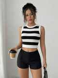 european and american cross-border color block striped slim-fit stretchy cropped sexy crew neck versatile sleeveless knitted vest sweater