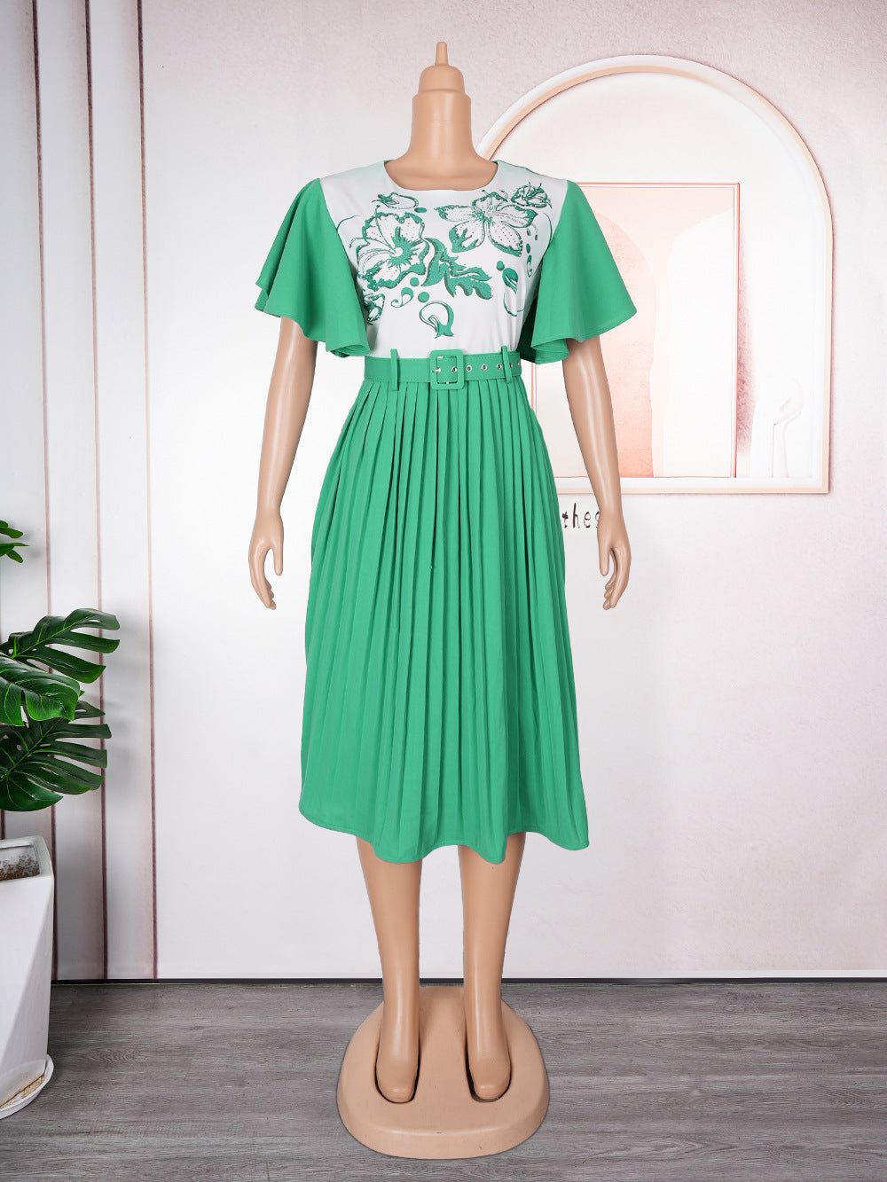 Aliexpress women's printed dress african cross-border trade new style maternity plus size pleated skirt with belt