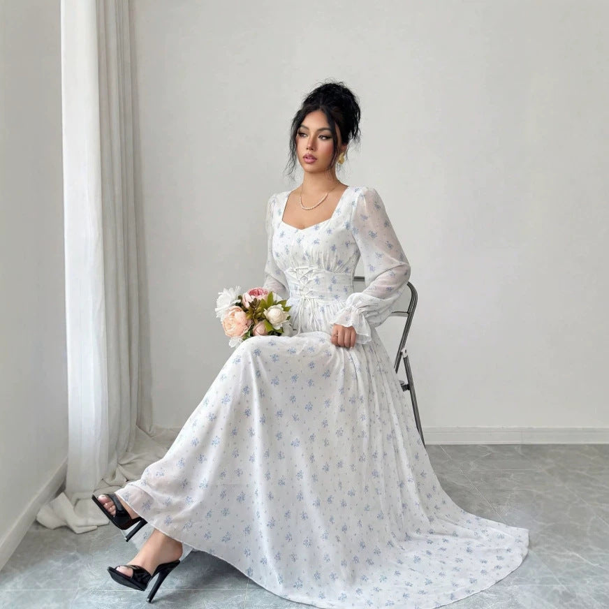 European and american cross-border  gentle style white background blue floral long dress with square neck and puff sleeves - korean style outfit