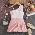 spring/summer new arrival: cross-border girls' fashion one-shoulder camisole top with sweet jacquard bow skirt pants set