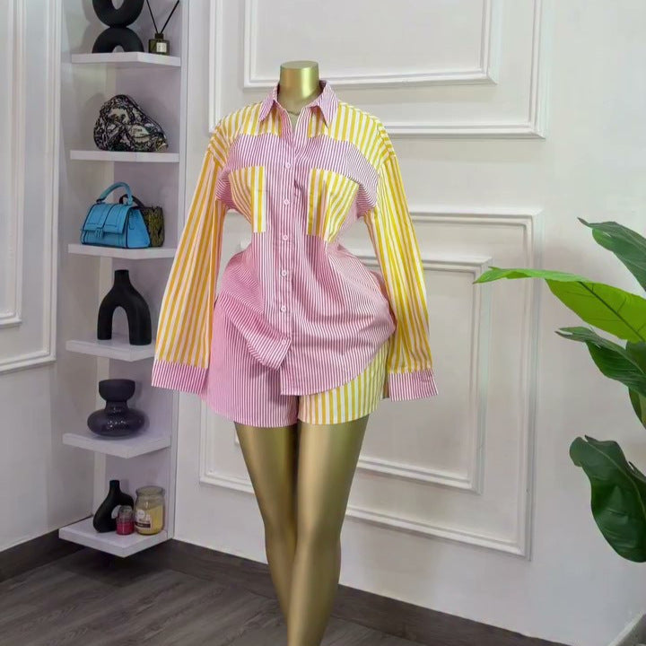 European and american cross-border women's fashion:  summer new collection - striped color block long sleeve shirt top and high-waisted shorts set