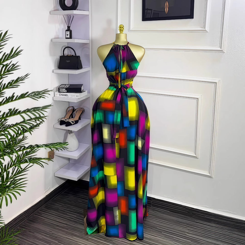 European and american cross-border women's fashion  summer new sleeveless halter color block cinched waist tie-up long elegant dress