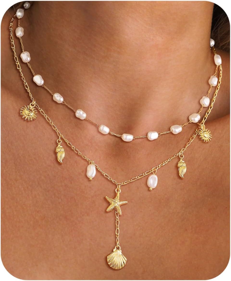 European and american beach ocean style stainless steel starfish seashell pendant necklace women's pearl choker designer necklace